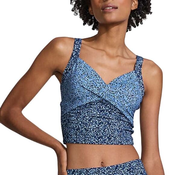 Lands End 14L NEW Womens V Neck Wrap Midkini Top Deep Sea Navy Ditsy Lilies - Picture 1 of 10